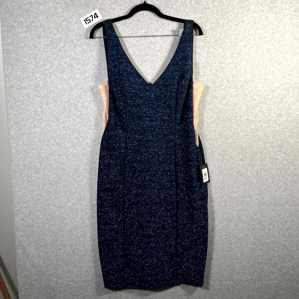Marina Sheath Dress Womens 12 Navy Blue Stretch Lined Glitter Sparkle V Neck‎